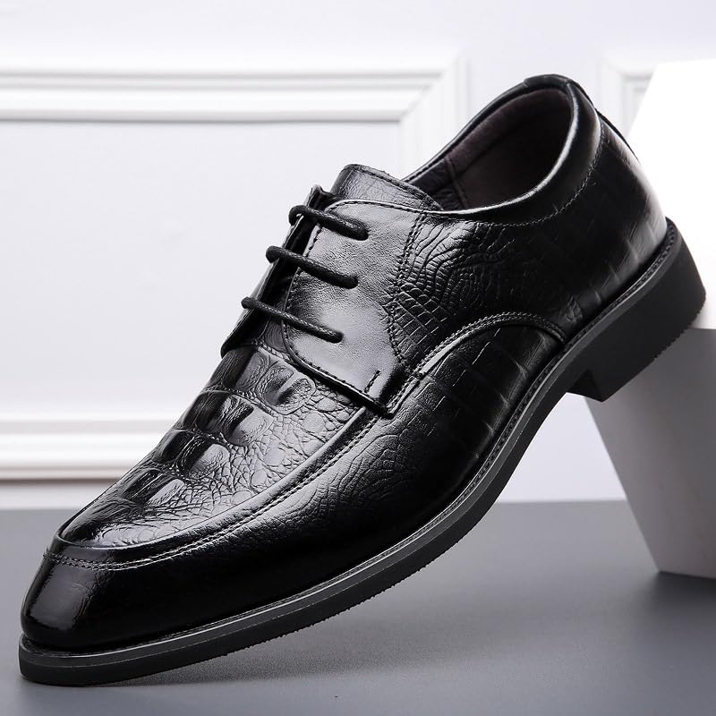 Dress Oxford Shoes for Men Lace Up Round Toe Leather Crocodile Print Apron Toe Derby Shoes Non Slip Anti-Slip Slip Resistant Low Top Block Heel(9.5)2