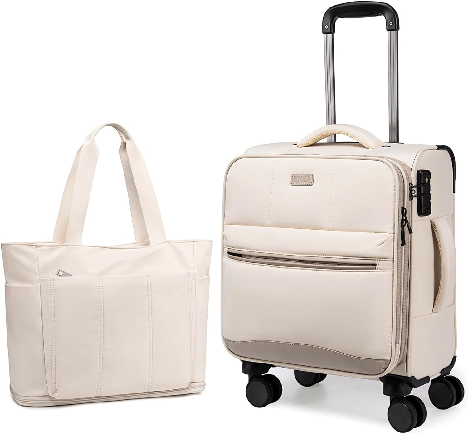 BTOOP 16 Inch Carry On Luggage with Tote Bag Luggage Sets Airline Approved TSA Lock Puffer Quilted Suitcases with Spinner Wheels Lightweight Soft Travel Luggage (Khaki)