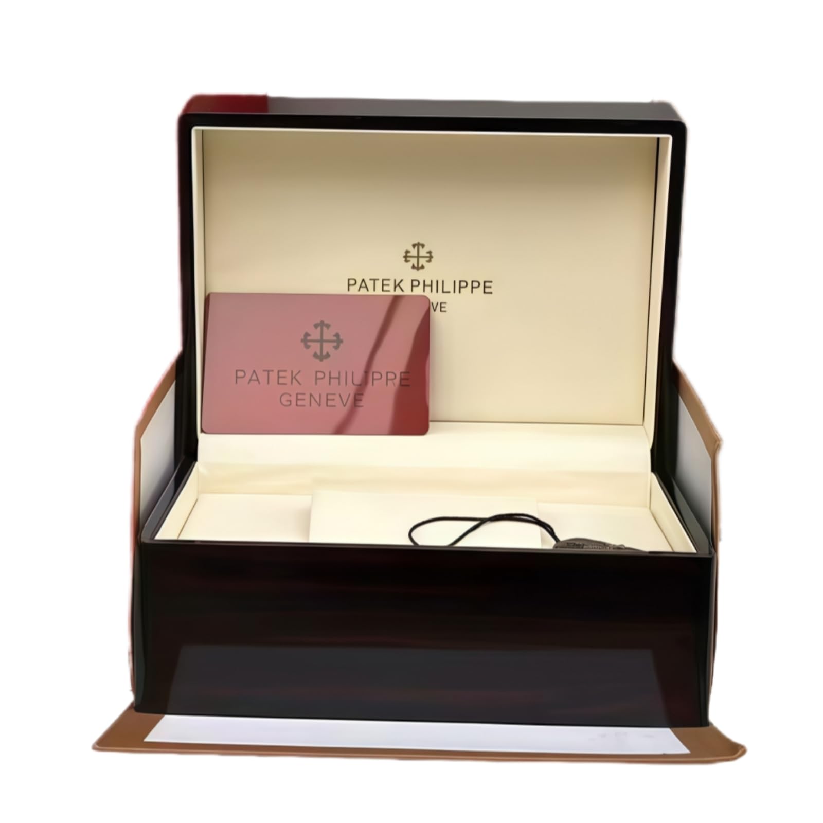 Caja Reloj Madera Caoba Oscura Lacado Piano Alto Brillo Interior Cuero Crema Estuche Almacenamiento Lujo para Patek Philippe