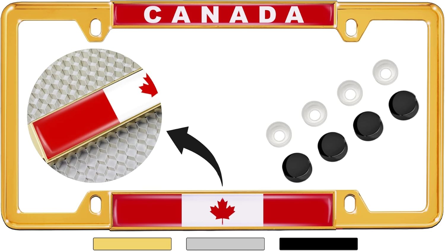 Canadian Flag - Domed Custom-Made Personalized Narrow (Thin) Top 4 Hole Metal Car License Plate Frame with Free caps - Chrome (Quantity: 1 Frame)