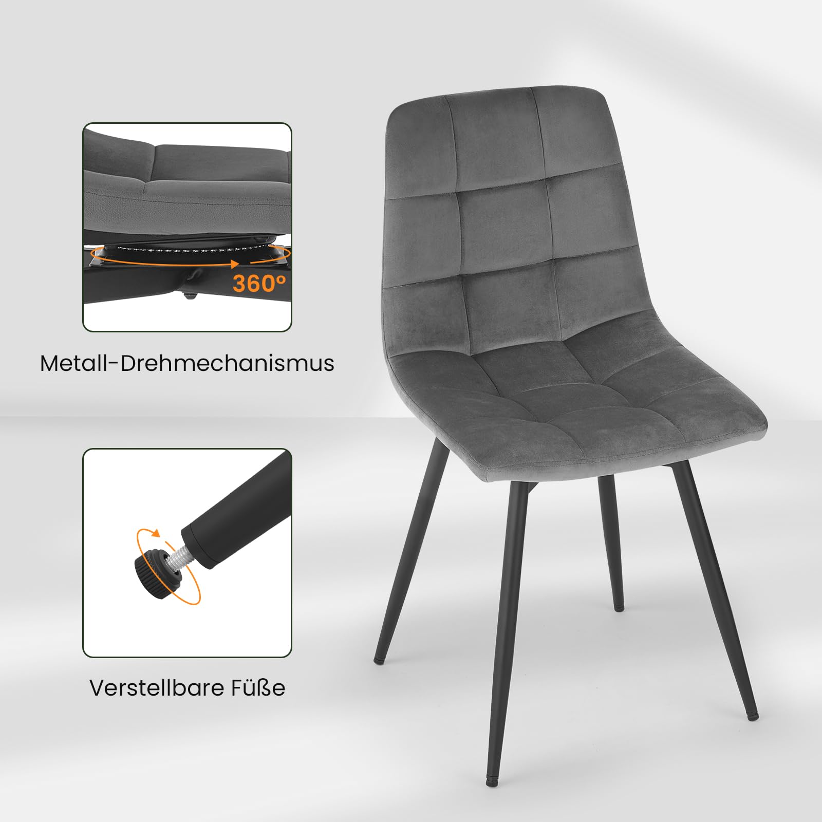 EUGAD Esszimmerstühle drehbar 4er Set, für Esszimmer Küche Wohnzimmer, Küchenstühle gepolstert mit Rückenlehne Samtbezug, mit Metallbeinen, 150 kg belastbar, Dunkelgrau