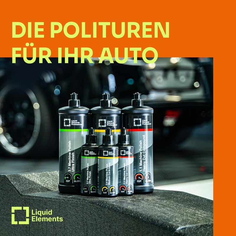 Liquid Elements Autopolitur Ultra Finish 1L, inkl. 75mm Pad | Polierpaste für Autolacke, Lackaufbereitung Komplettset, Centriforce V2 Polierschwamm, ideal für alle Poliermaschinen