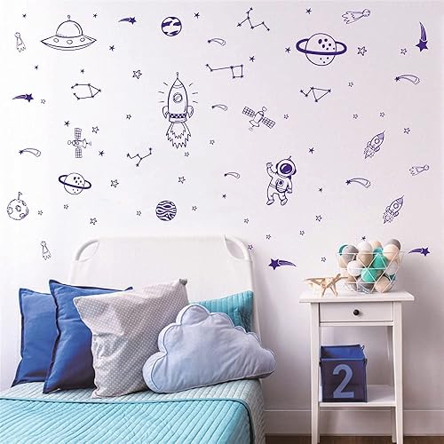 Miniatura 6 de Decoración de pared para habitación de niños, arte del espacio exterior, estrella, cohetes, planetas, calcomanías extraíbles para decoración de