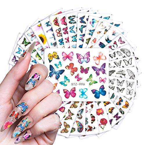 30 Sheets Butterfly Nail Art Stickers Decals, Gradient Colorful Butterfly Flowers Design Water Transfers Slider Tattoo Foil Nail Accessories (Black)