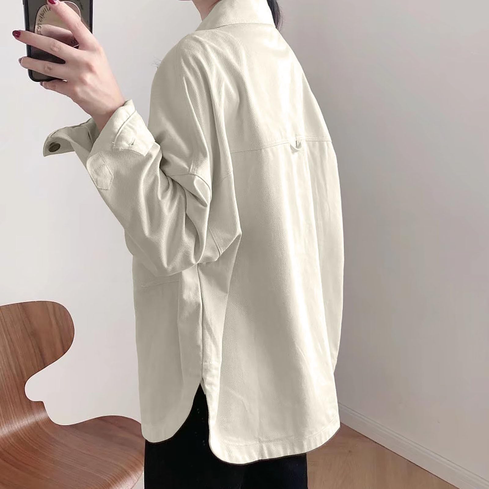 Camicia da donna lunga, oversize, con tasche sul petto, con bottoni, a maniche lunghe, in jeans, estiva, casual, elegante, vestibilità regolare