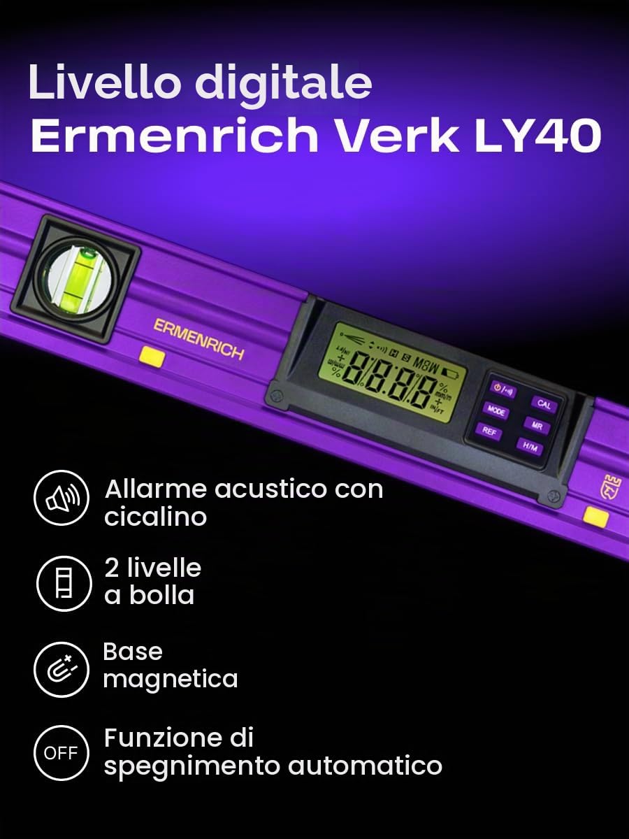 Verk LY40 Inclinometro Digitale 0–360° con Livella a Bolla | Orizzontale e Verticale Display LCD Indicatore Sonoro Pulsante Hold IP54 Impermeabile per Falegnameria, Casa e Fai da Te