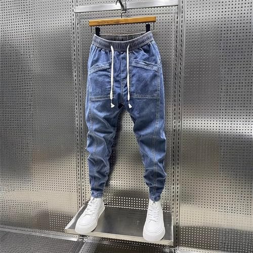 Men's Stretchy Drawstring Jeans Elastic Waist Slim Fit Denim Pants Tapered Regular Washed Jean Pant2