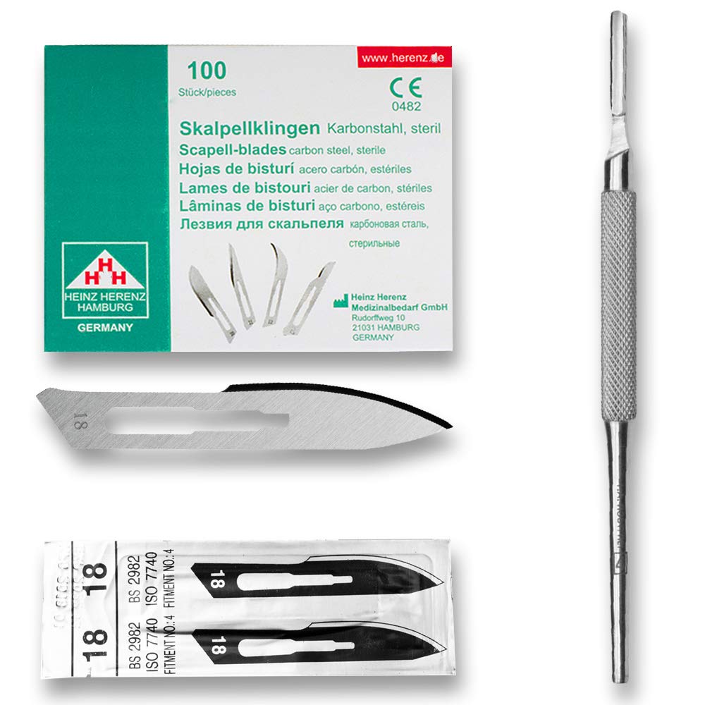 May Skalpell Set – 100 Sterile Skalpellklingen Figur 19 aus Karbonstahl, einzeln verpackt – Inkl. Edelstahl Skalpellhalter Nr. 4 (runder Griff) – Einwegklingen für Basteln, Modellbau & Fußpflege