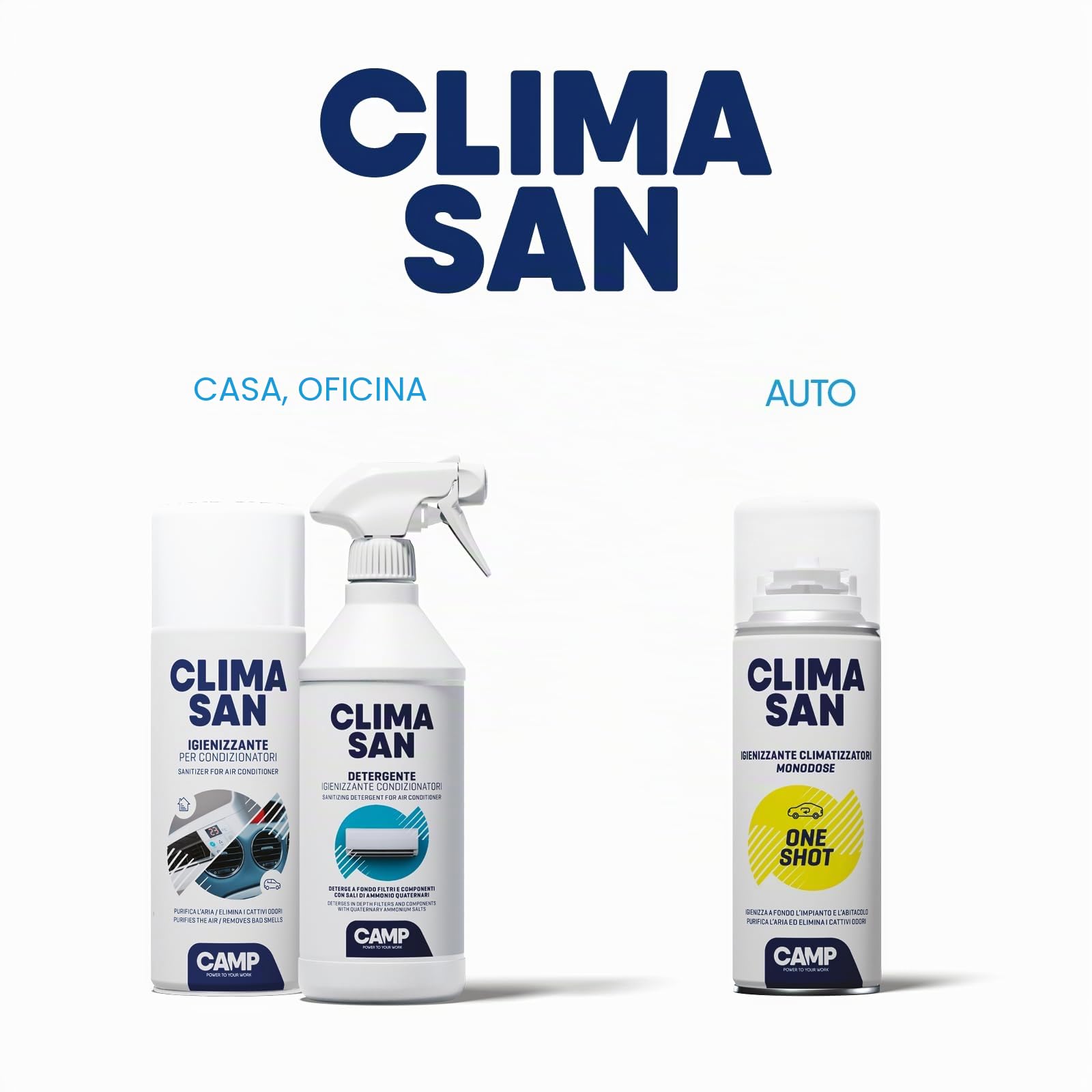 CAMP Climasan One Shot - Spray Limpiador Aire Acondicionado e Interior Coche, Limpieza Aire Acondicionado con Acción Purificadora–Ideal para Remover Gérmenes y Bacterias–Made in Italy, 200 ml