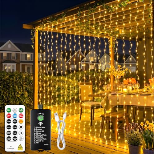 HXWEIYE Rechargeable 300LED Curtain Lights Battery Powered 9.8x9.8Ft Outdoor Fairy String Lights with Remote & DIY Timer 8 Modes Twinkle Light Waterproof for Indoor Backdrops Wedding Warm White