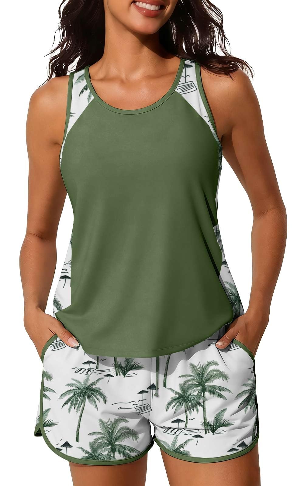 Yutdeng Tankini Maillot de Bain Femme 2 Pieces Shorty Taille Haute Tankini Femme Ventre Plat Maillots de Bain Deux Pièces Push Up Rembourré Maillots Deux Pièces Imprimé Swimwear Sport à Cordon Poches