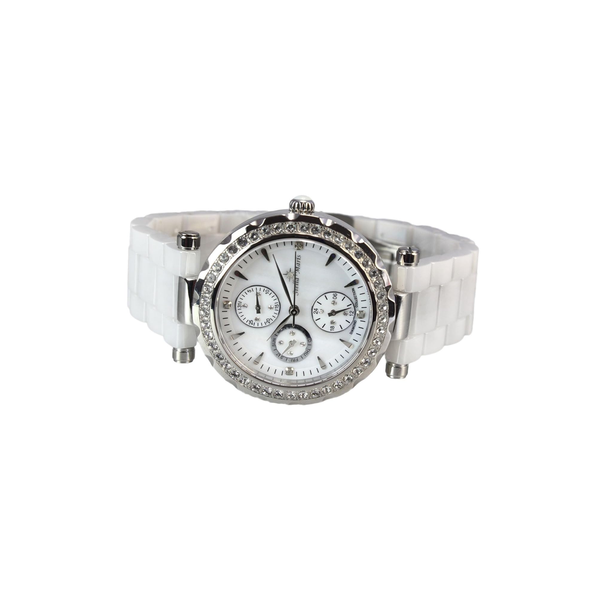 Stella Maris Damen Armbanduhr Analog Quarz Uhr Stilvolle Elegante Damenuhr Frauenuhr Weiß Silber Premium Keramik Armband Diamanten Swarovski STM15R1