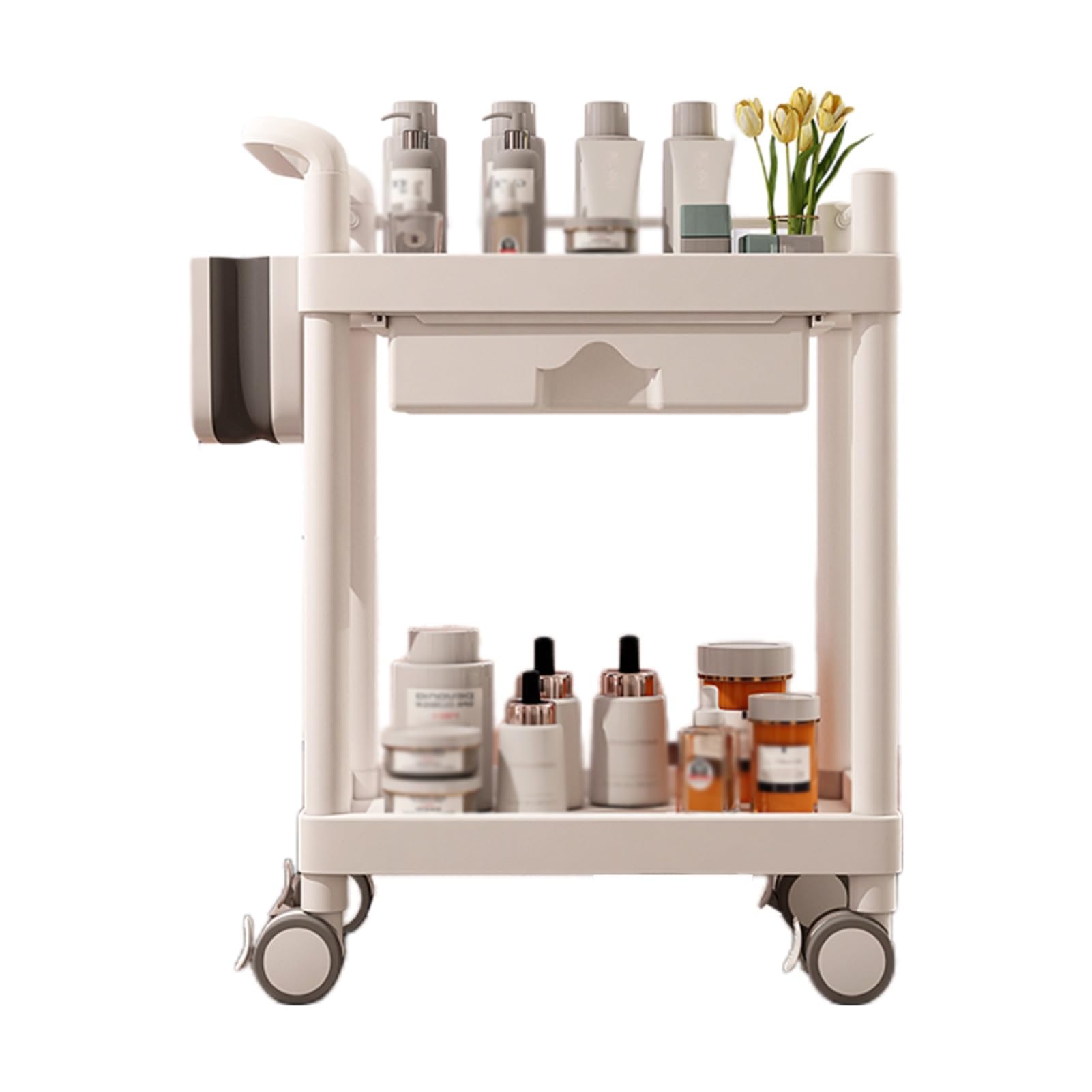 Carrito de almacenamiento y organización para salón de belleza y peluquería, carrito de herramientas empujado a mano con cajón y cubo de basura extraíble, 49 x 33 x 88 cm