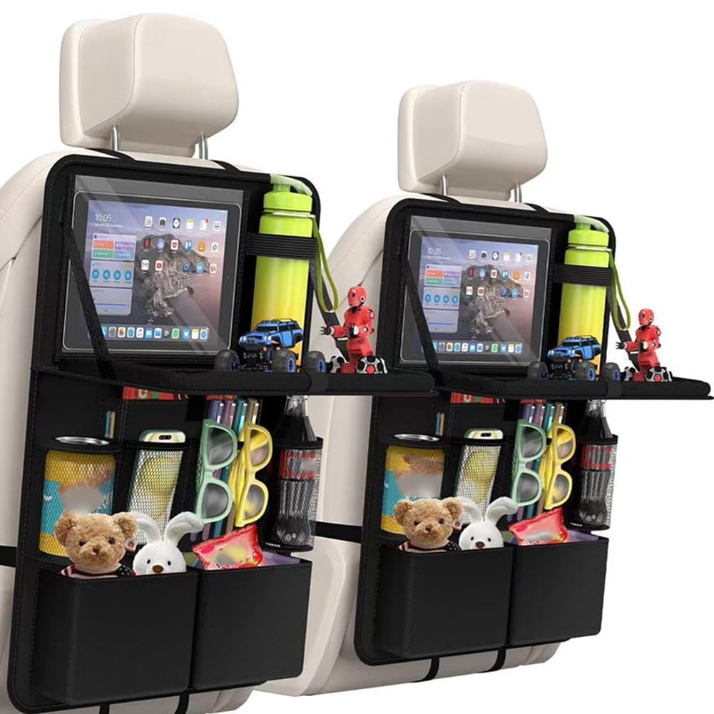 Aundhegrtt Tablet Holder Car Backseat Organizer 2Pcs, 11 Storage Pockets with Foldable Food Tray, Protector Kick Mats for Kids