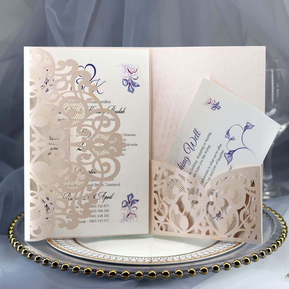Delikatna romantyczna karta z zaproszeniem na przy Koperty - 50 sztuk zaproszeń czystych - personalizowane zaproszenia papierowe na przyjęcie zaręczynowe lub eleganckie zaproszenia(Light Gold,Blank)
