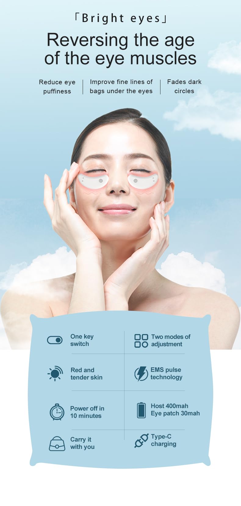 EMS Appareil de Massage Oculaire avec Lumière Rouge – Massager Électrique Contour des Yeux Anti-Cernes & Poches, Dispositif Beauté Rechargeable pour Femmes