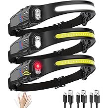 Faro Recargable 3Pack, 230&deg; Faro LED de Viga Ancha, Faros de Cabeza 7Mode para Adultos, L&aacute;mpara de Cabeza con Sensor de Movimiento, L&aacute;mparas de Cabeza de Luz Roja Recargable LED, Luces de Cabeza para Forehead Running Camping