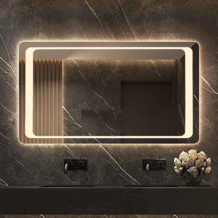 Image of VENETIAN IMAGE Rectangular LED Mirror for Bathroom | Dual-Sided Glow with Warm, Natural & Cool Light | Touch Sensor Dimmable Wall Mirror for Bedroom, Wash Basin (76x60 cm)