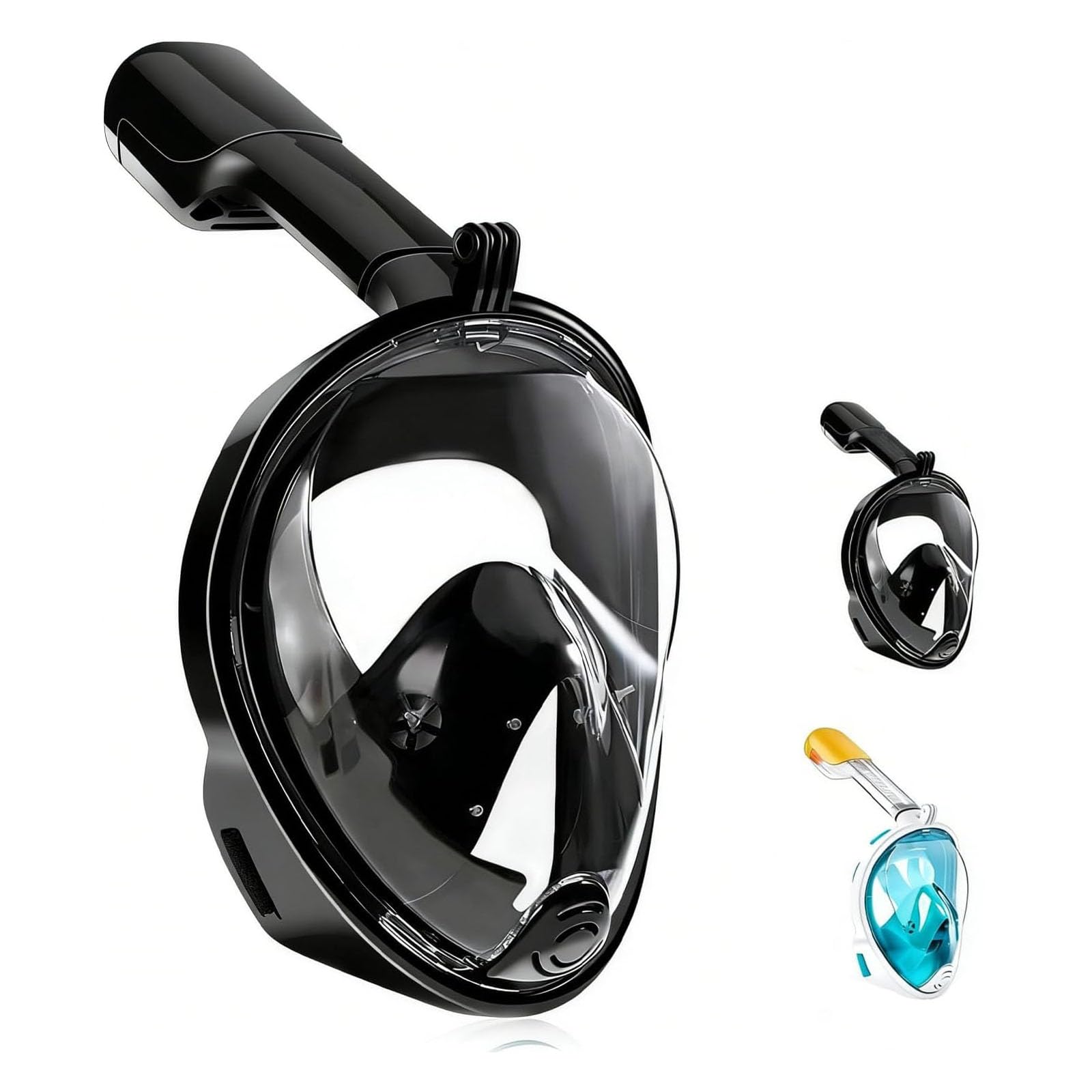 Snorkel Mask Full Face, 180°view Snorkeling Gear with Panoramic Design- Sports Camera Compatible, Diving Mask with Anti-fog and Anti-leak Technology for Adults and Kids (Black, L-XL)