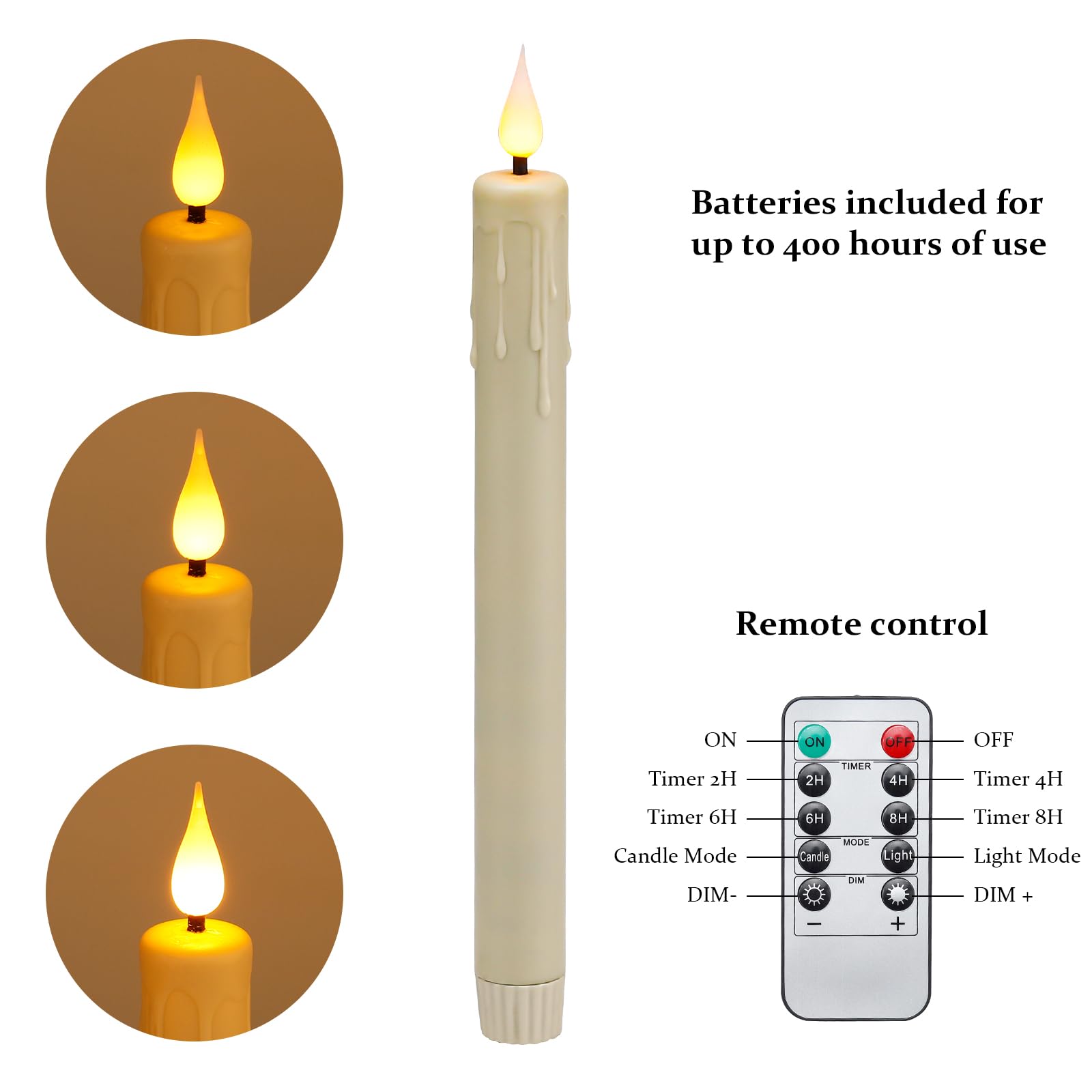 Enido Flameless Ivory Taper Candles Flickering