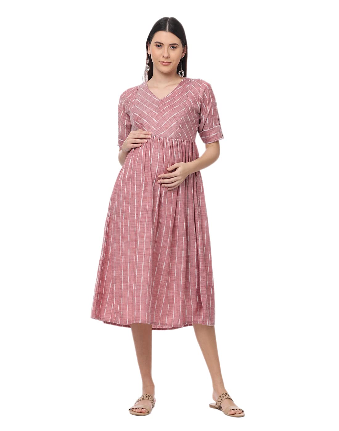 Womens Maternity Dress Nursing Midi Dress Breastfeeding Dress with Zippers-image-6