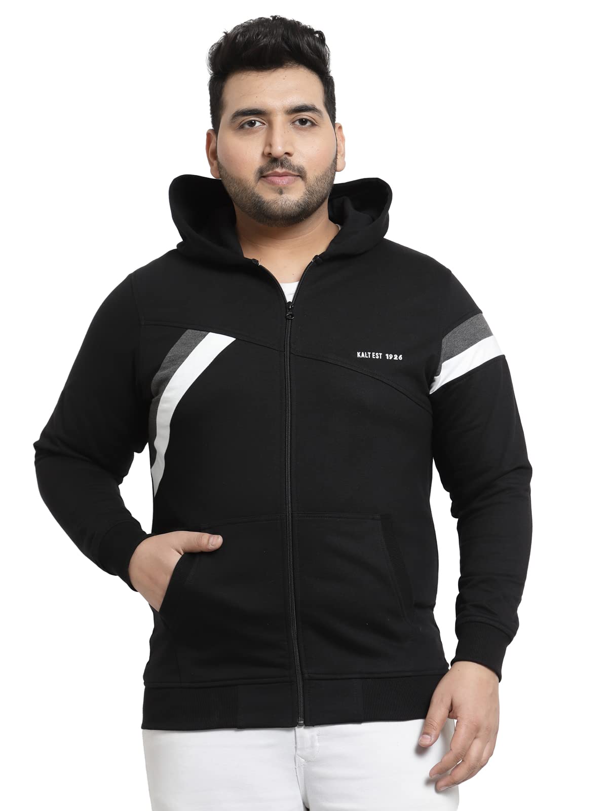 KaltMen's Regular Fit Full Sleeves Zipper Fleece Striped Hoodie (Black::White::Dark Grey;7XL)