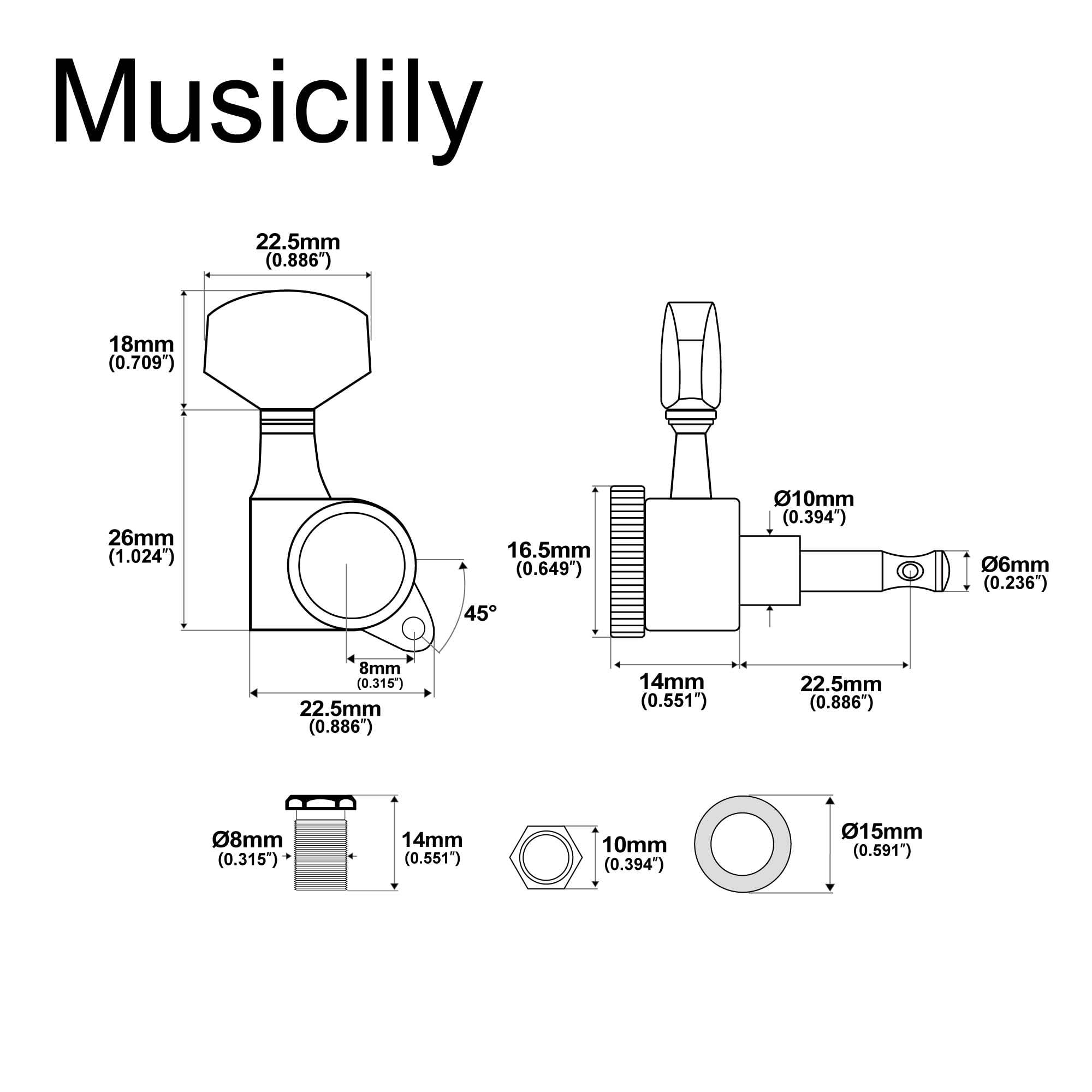 Musiclily Pro L3+R3 Meccaniche Autobloccanti Ratio 18:1 Chitarra Locking Tuners per Chitarra Elettrica/Acustica, Cromato con Bottone Esagonale