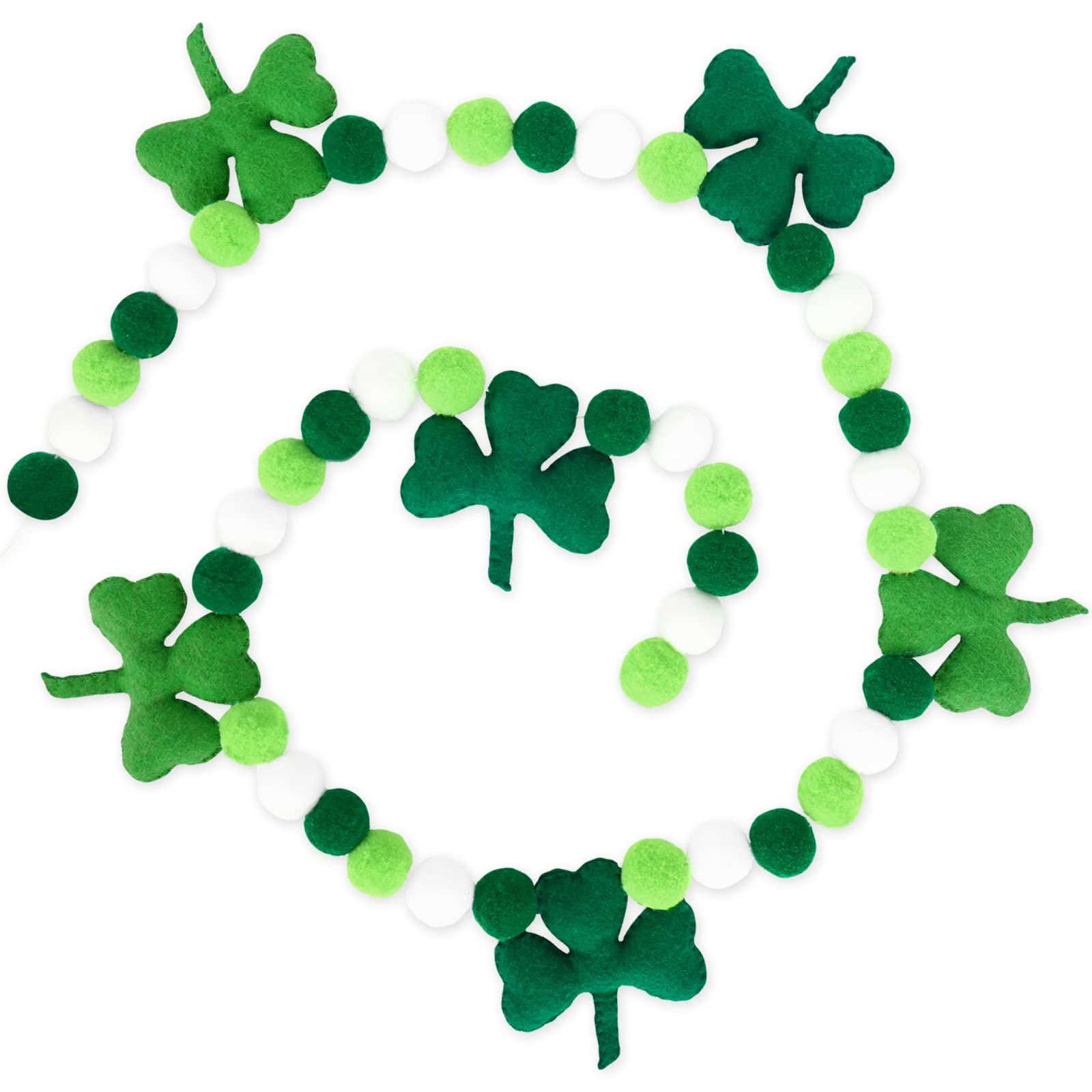Whaline 8.2Ft St. Patrick's Day Felt Pom Pom Banner Lucky Shamrock Garland Green White Pom Ball Clover Decorative Irish Hanging Bunting Garland for St. Patrick's Day Home Mantel Wall Decor