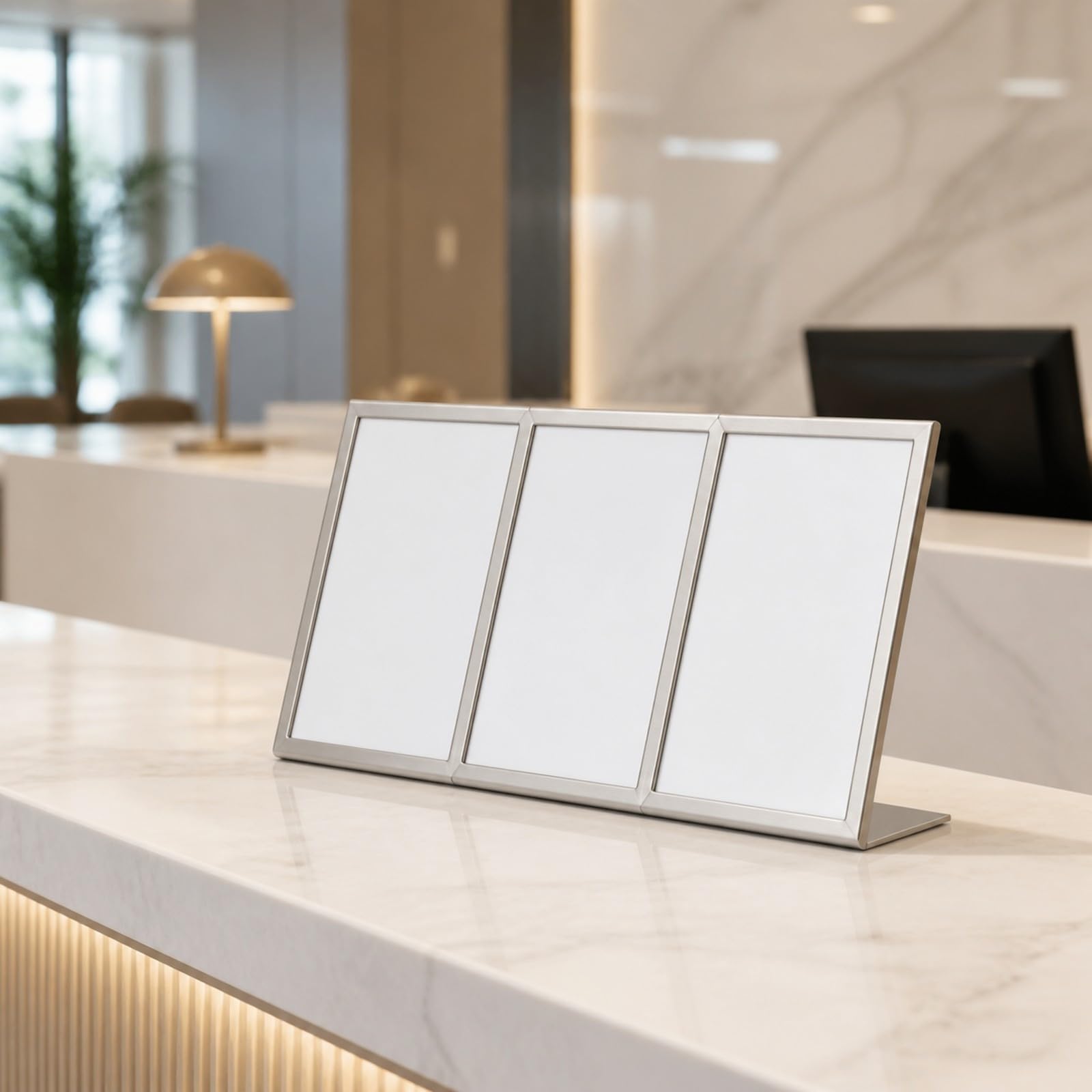 Exhibidor Escritorio con Soporte para Menu Acero Inoxidable con Inclinado Metal para Tarjetas Publicitarias Acuado para Mostrador Recepcion y Restaurante, 3 Ranuras