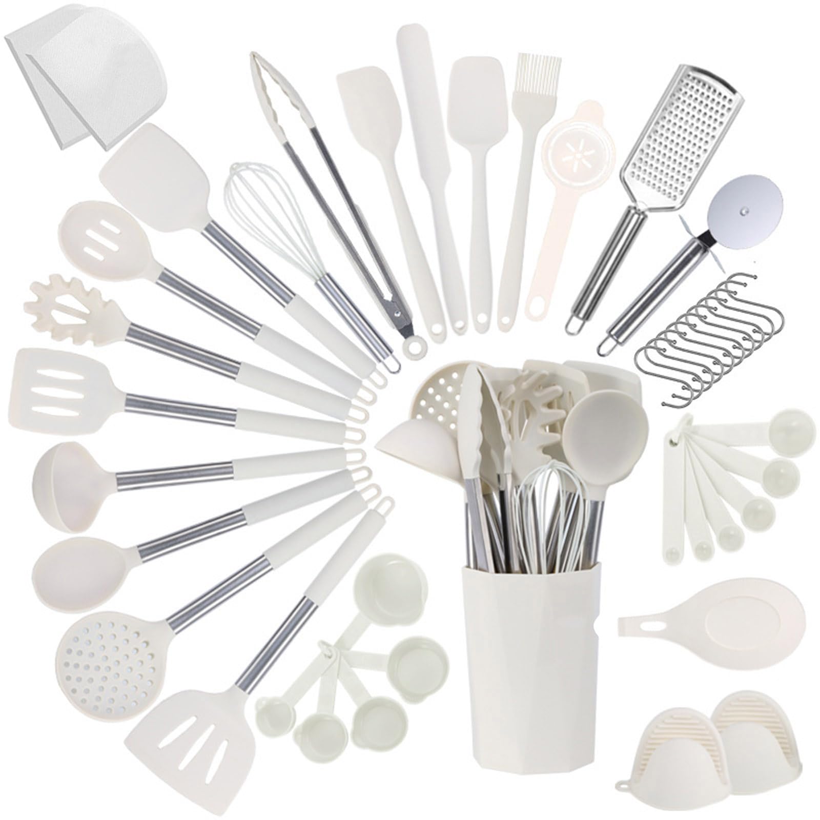 Küchenutensilien-Set, Silikon-Kochutensilien, 44-teiliges Pfannenwender-Set mit Edelstahlgriff, Antihaft-Utensilien-Set, Küchenutensilien und Gadgets,Weiß