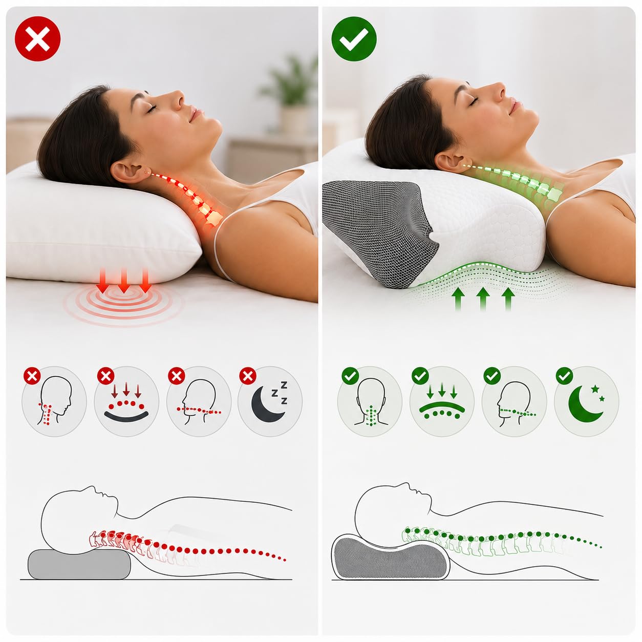 InnovaGoods® Almohada Cervical Viscoelástica Ergonómica para Cervicales y Cuello, Almohada Ortopédica Memory Foam, Funda Lavable 62x36x14 cm