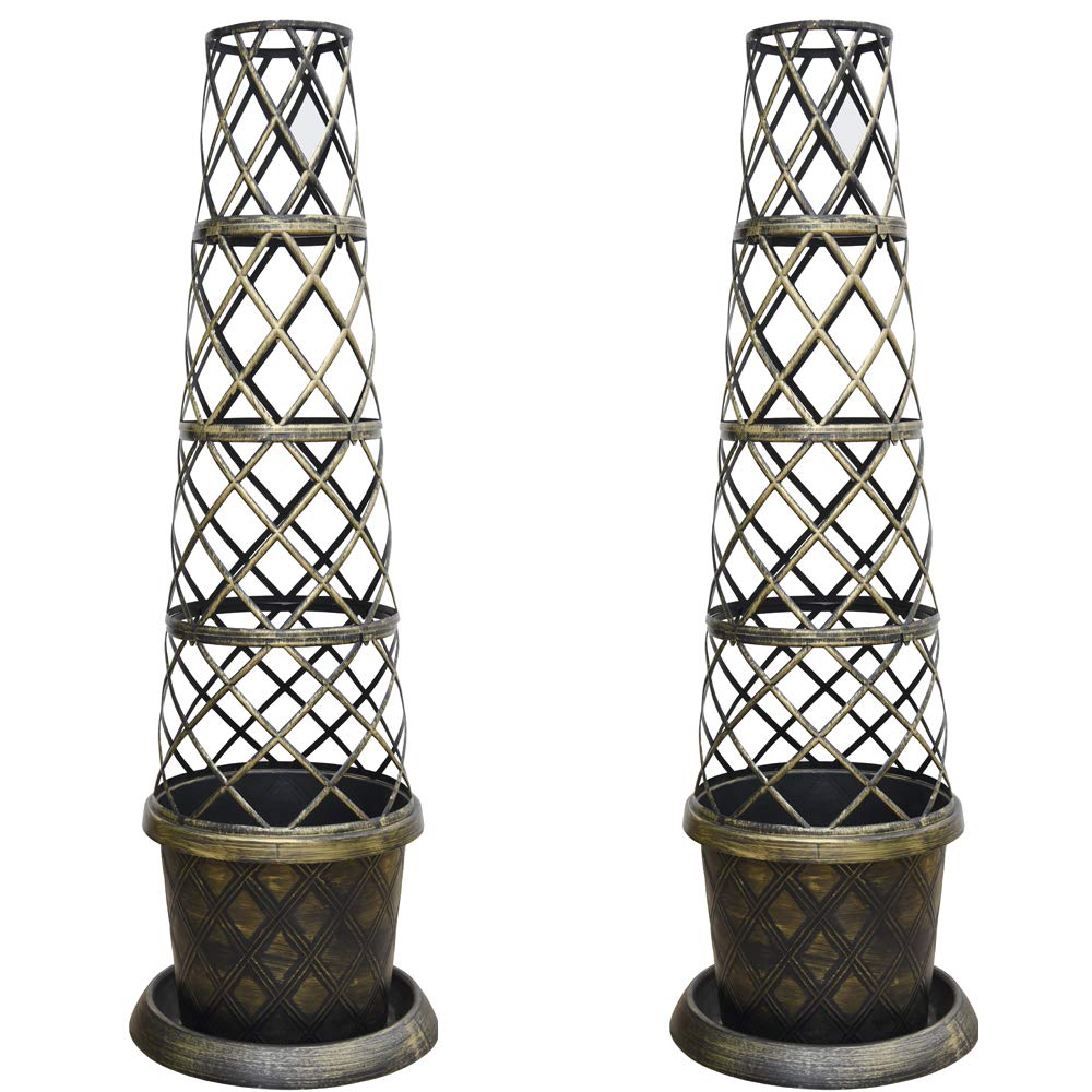 Flower Tower pot Kit Large Patio pot with saucer matching lattice style tower frame black & gold effect Ideal for climbers, vines or vegetables, durable garden plastic 2 x 39cm Pot by T&M