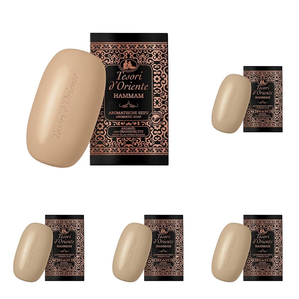 Tesori d'Oriente Feste Seife 'Hammam', 125 g, aromatische Handseife mit Argan-Öl und Orangenblüte, Körperseife zur sanften Reinigung der Haut, Ritual für Körper & Sinne (Packung mit 5)