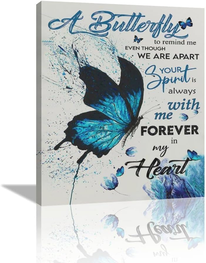 Blue Butterfly Wall Art Inspirational Memorial Wall Decor Butterfly Pictures Canvas Gift Prints Framed Modern Painting Artwork For Bathroom Living Room Kitchen Office 20"x24"