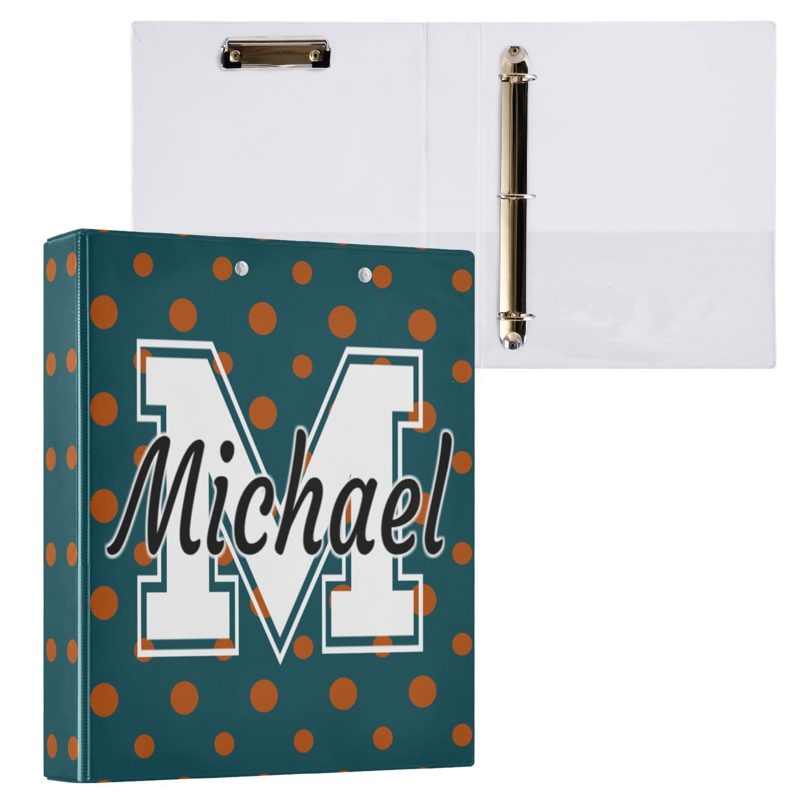 Raccoglitore ad anelli rotondo con monogramma arancione a pois con portablocco, raccoglitore a 3 anelli a D