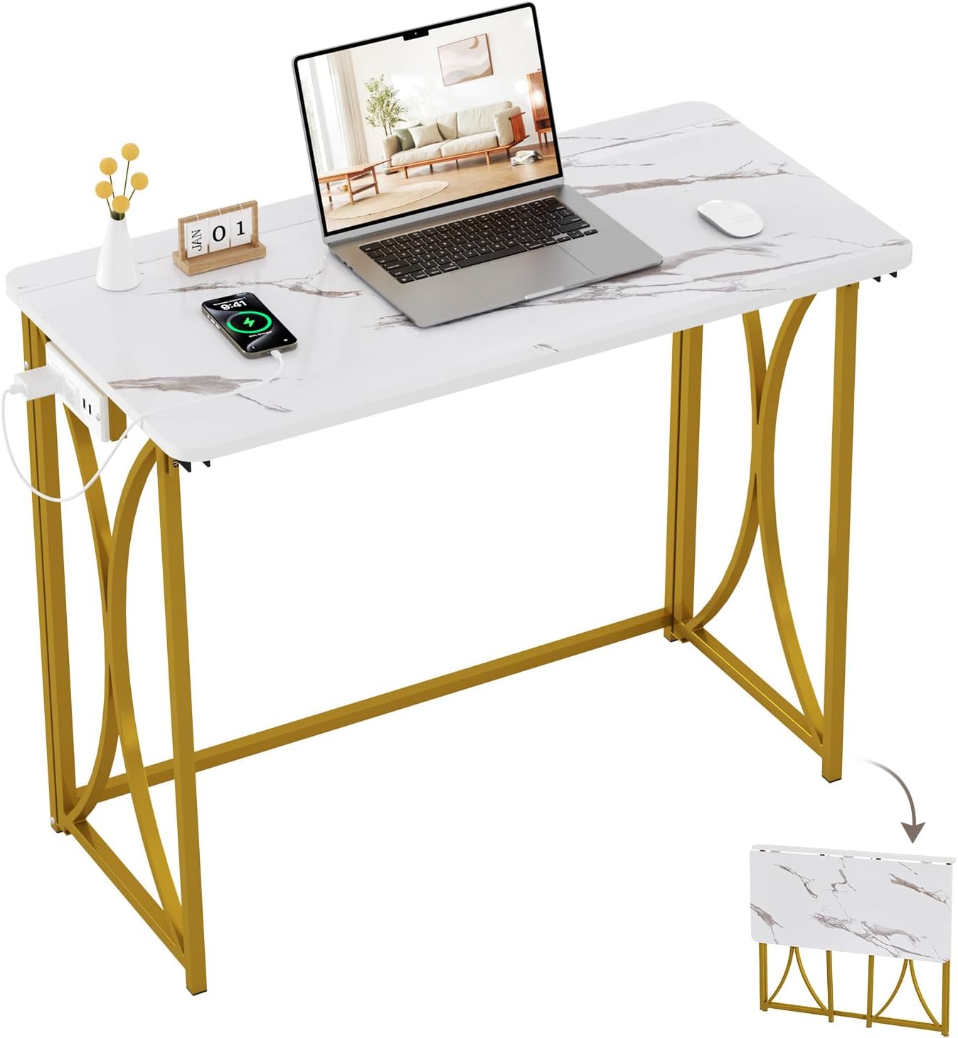 Folding Desk, 31.5" Small Desk for Bedroom with Power Outlet, Space Saving Foldable Computer Desk for Home Office, Easy Assembly, White and Gold White and Gold 31.5" with Outlet
