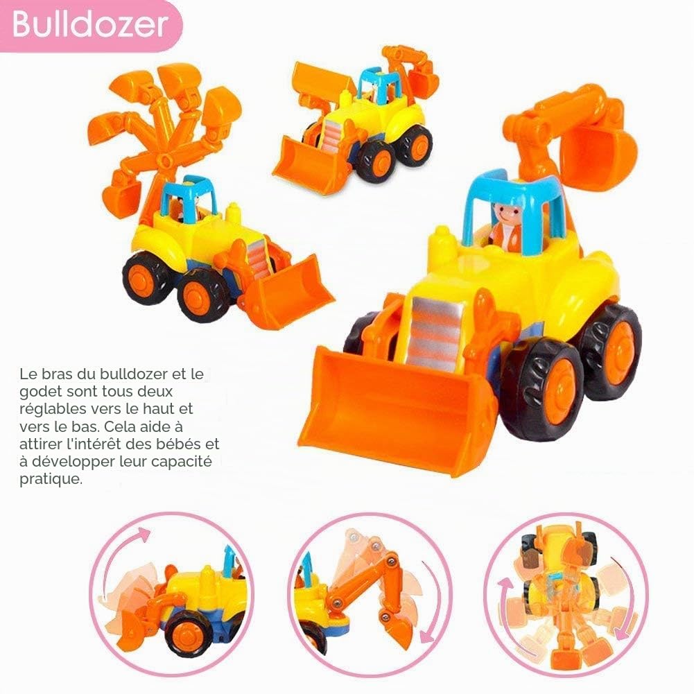MOONTOY Voiture Enfant 2 Ans,Voiture Friction Jouets pour Garçon Fille,Set de 4 avec Tracteur,Bulldozer,Mixeur de Camion et Camion,Cadeau 1 2 3 Ans