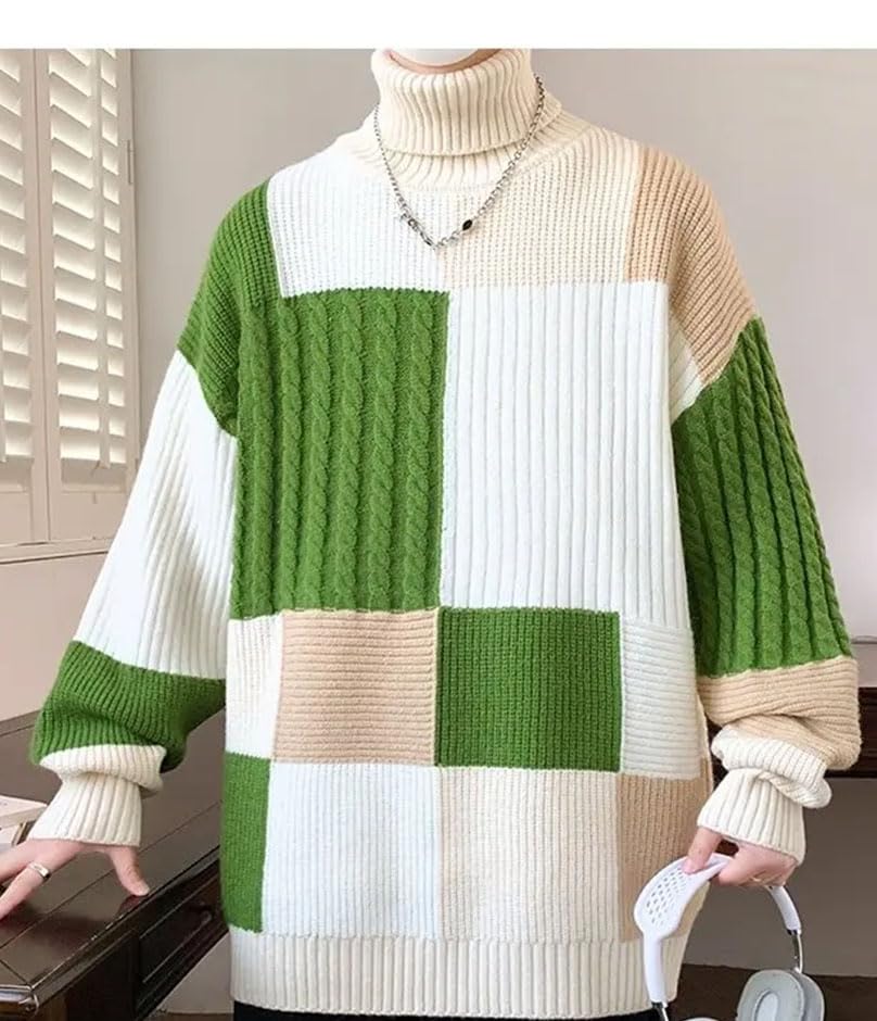 Men's High Neck Sweater Patchwork Knitwear Pullover Loose Fit Casual Winter Outfit Warm Long Sleeve Top 5