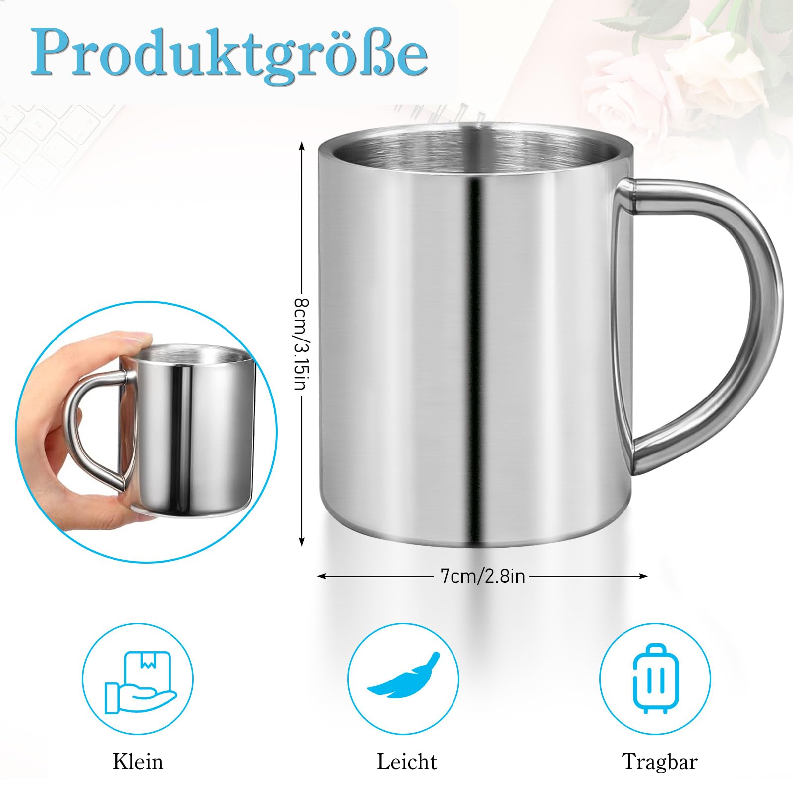 12 Stück 220ml Edelstahl Kaffeetassen, Doppelwandige Metallbecher mit Henkel – Isolierte Camping Tassen für Outdoor, Picknick, Reise, Zuhause, Wohnmobil – Spülmaschinenfest