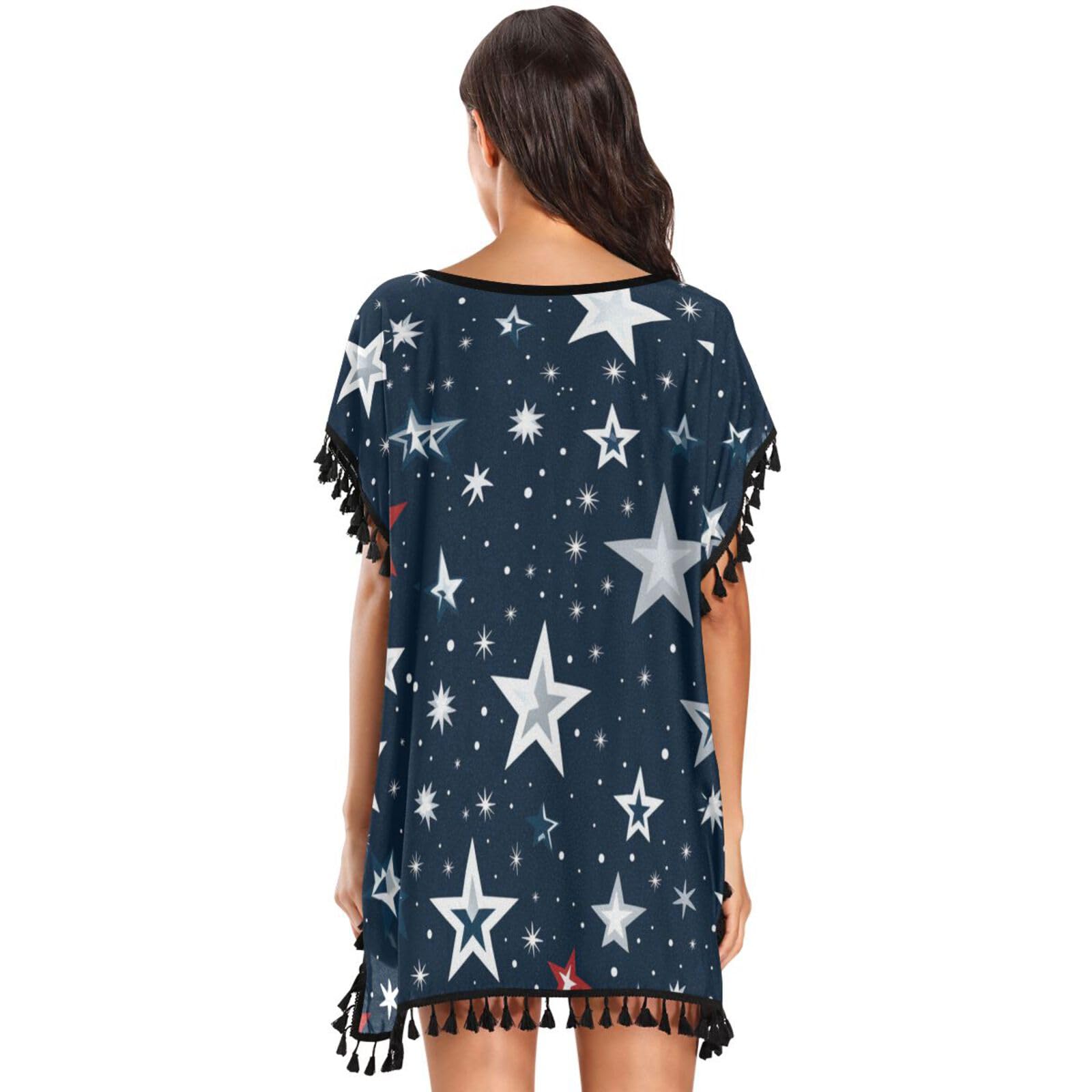 KAAVIYO Dark Blue Star Sparkle Women's Beach Cover Up Chiffon Tassel Swimwear Swimsuit Coverups for Girl