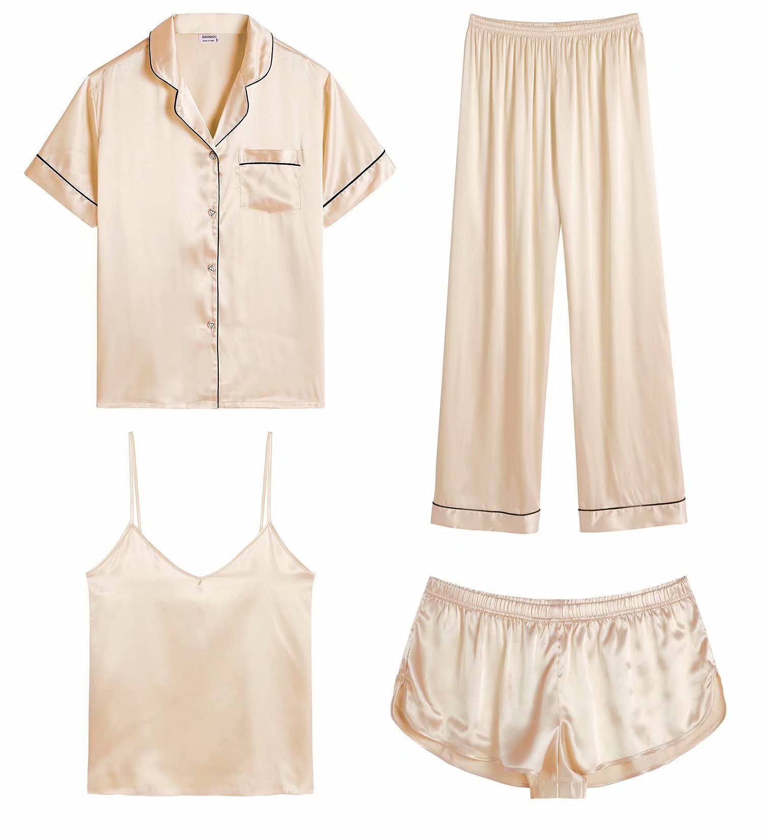 SWOMOGWomens Silk Satin Pajamas Sets 4pcs Sleepwear Sexy Cami Shorts Set and Button Down Short Sleeve Pjs Loungewear