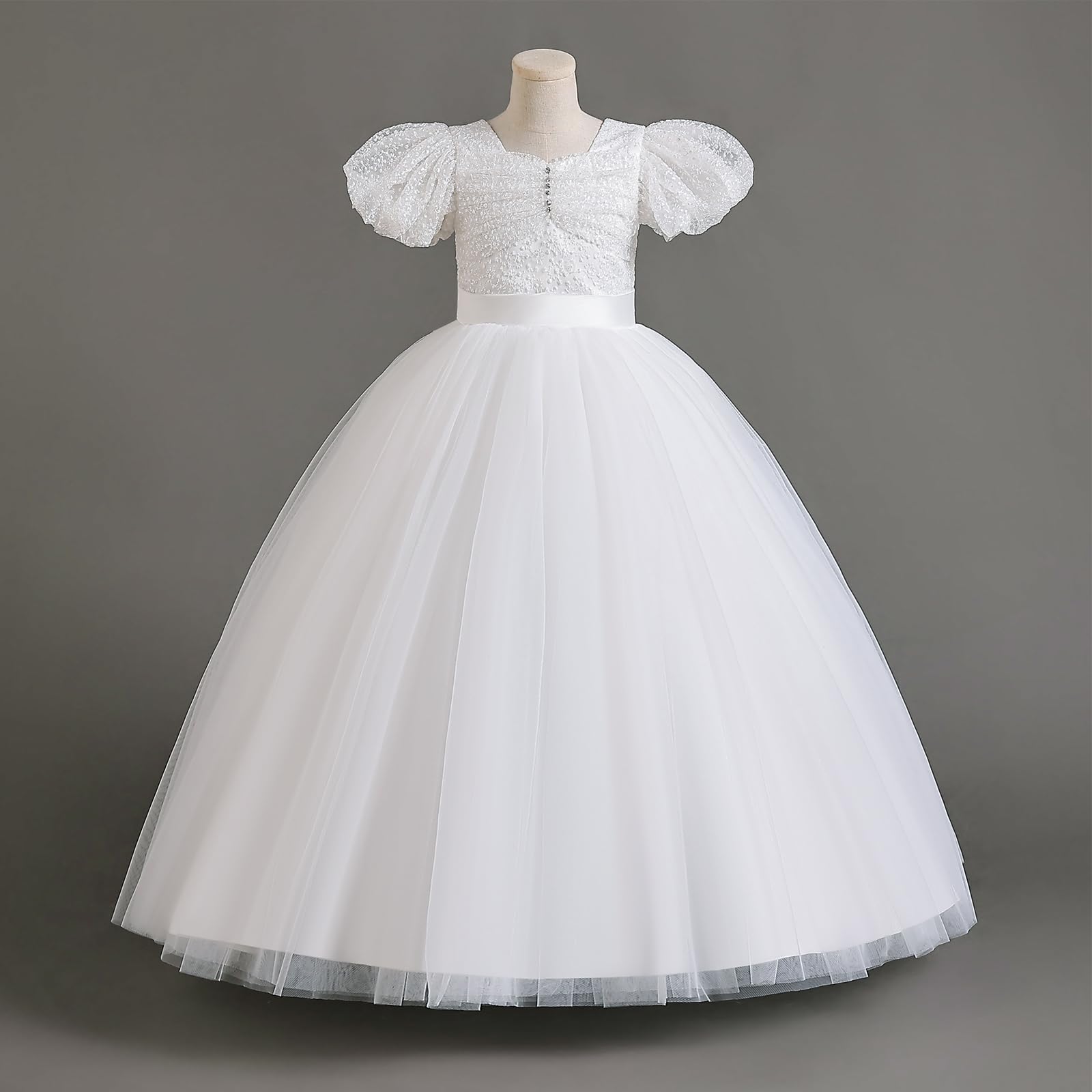 Odizli Vestidos de flores para niña, mangas puf, bowknot purpurina, lentejuelas, línea A, vestido de tul, boda, primera comunión, fiesta, largo de noche
