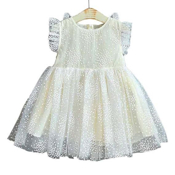 Hopscotch Baby Girls Cotton and Polyester Wings Sleeves Applique Net Floral Printed Casual Dress in White Color