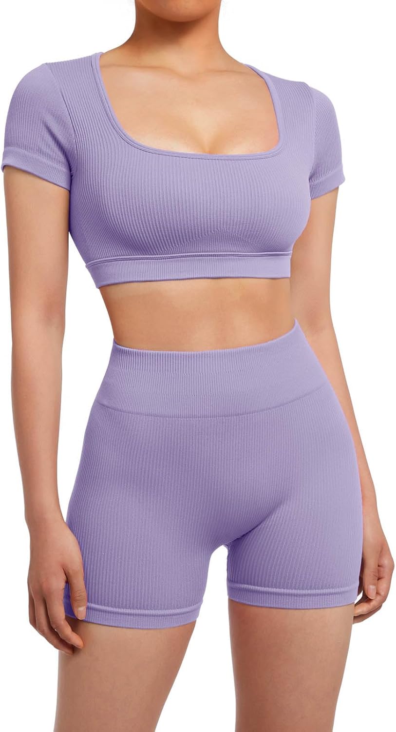 SUUKSESS 2 Piece Workout Sets for Women Open Back Gym Sets Woman Gym Shorts Pilates Crop Tops - Image 2