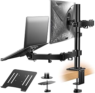 Dual Monitor Arm with Laptop Tray - Dual Vesa Mount Arm, Monitor Stand with Laptop Holder, Dual Screen Mount for 13-32", 2 Vesa Stand Up to 8Kg for Gaming & Office (Black)