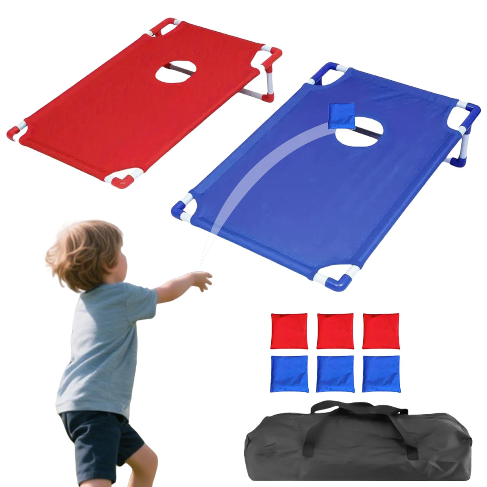 Cornhole-Spiel für den Außenbereich, tragbares Wurfspiel mit 8 Cornhole-Taschen und Tragetasche, PVC-Rahmen für Terrasse, Garten, Rasen, Camping