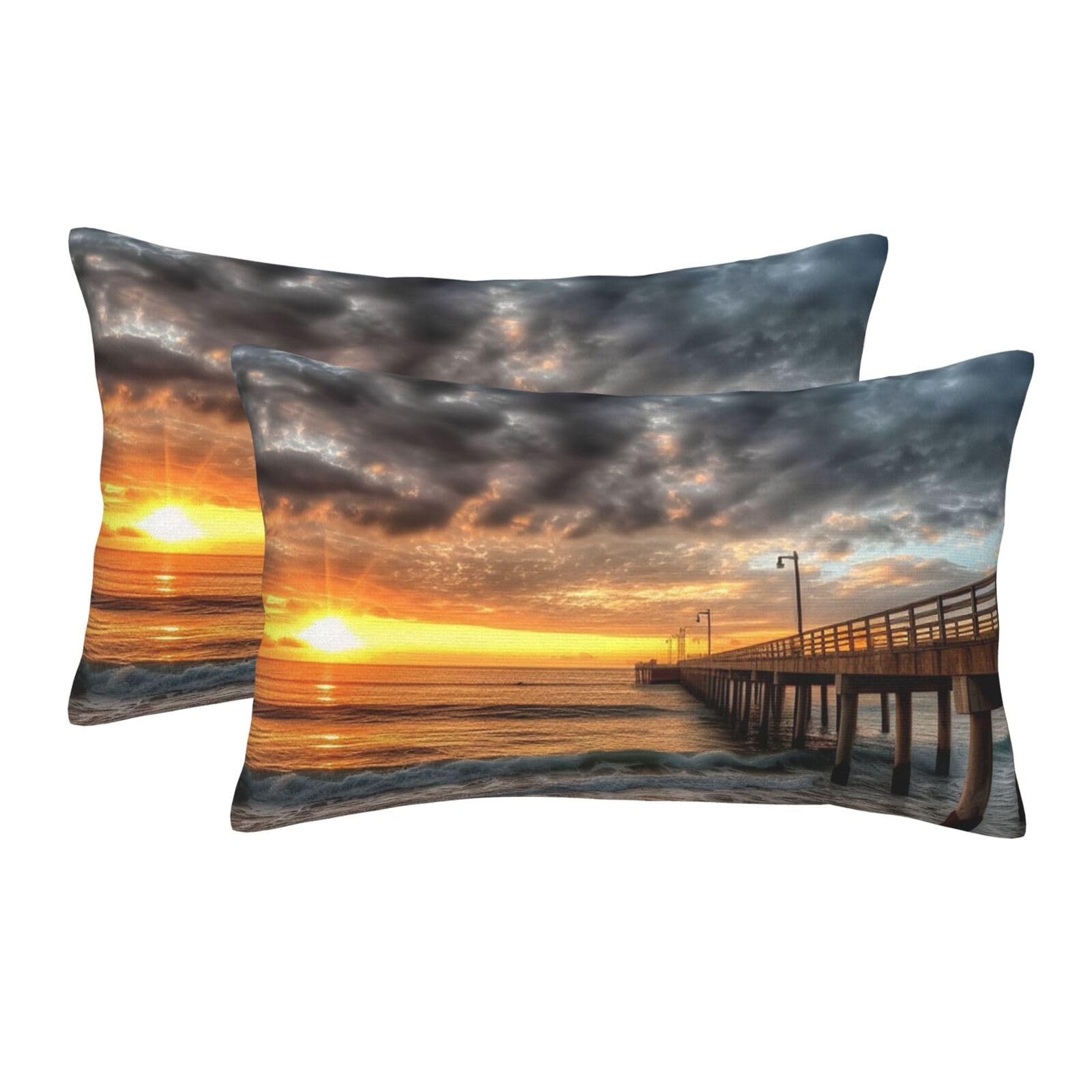 2 Pack Pillow Cases with Hidden Zipper, Soft Breathable Pillow Covers for Hair and Skin, Beach Sea Bridge Clouds Sunset Pillowcases 16"x24" Bed Pillow Protectors Cover for Sleeping Gifts
