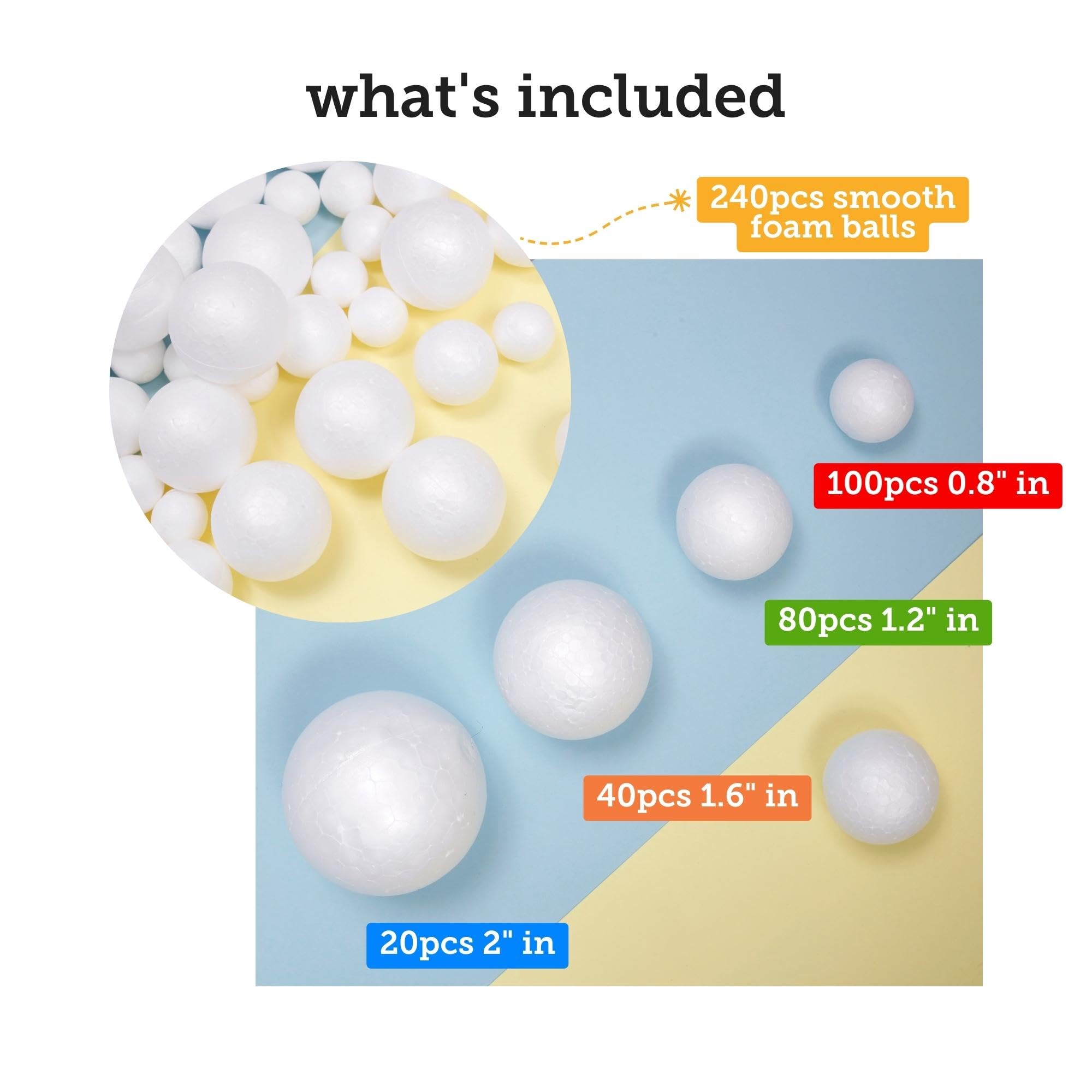 Incraftables Foam Balls 240pcs (0.8, 1.2, 1.6 & 2 inch). Assorted Foam Balls for Crafts. White Foam Balls for Solar System Project, DIY Arts & Slime. Best Round Large & Small Foam Balls