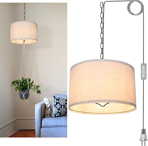 Miniatura 8 de Lámpara colgante de ratán para enchufar, con cable de enchufe, cable de cuerda de cáñamo de 15 pies, lámparas colgantes regulables que se enchufan a