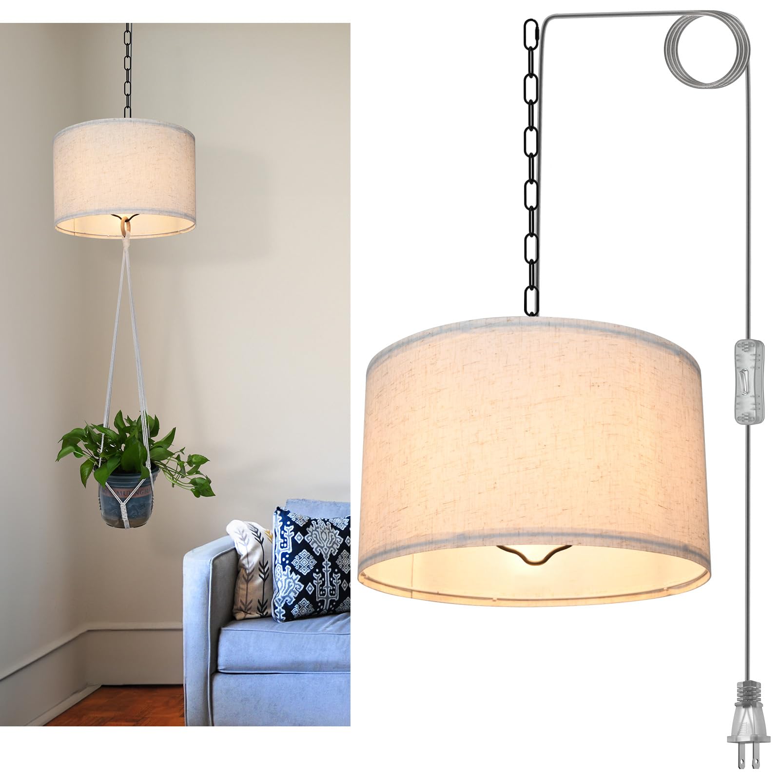 Plug in Pendant Light with Hook for Plant Hanger Indoor, Linen Shade Hanging Lamp, Adjustable Height, Perfect for Macrame Plant Hanger and Living Room Decor(Bulbs are not Included)